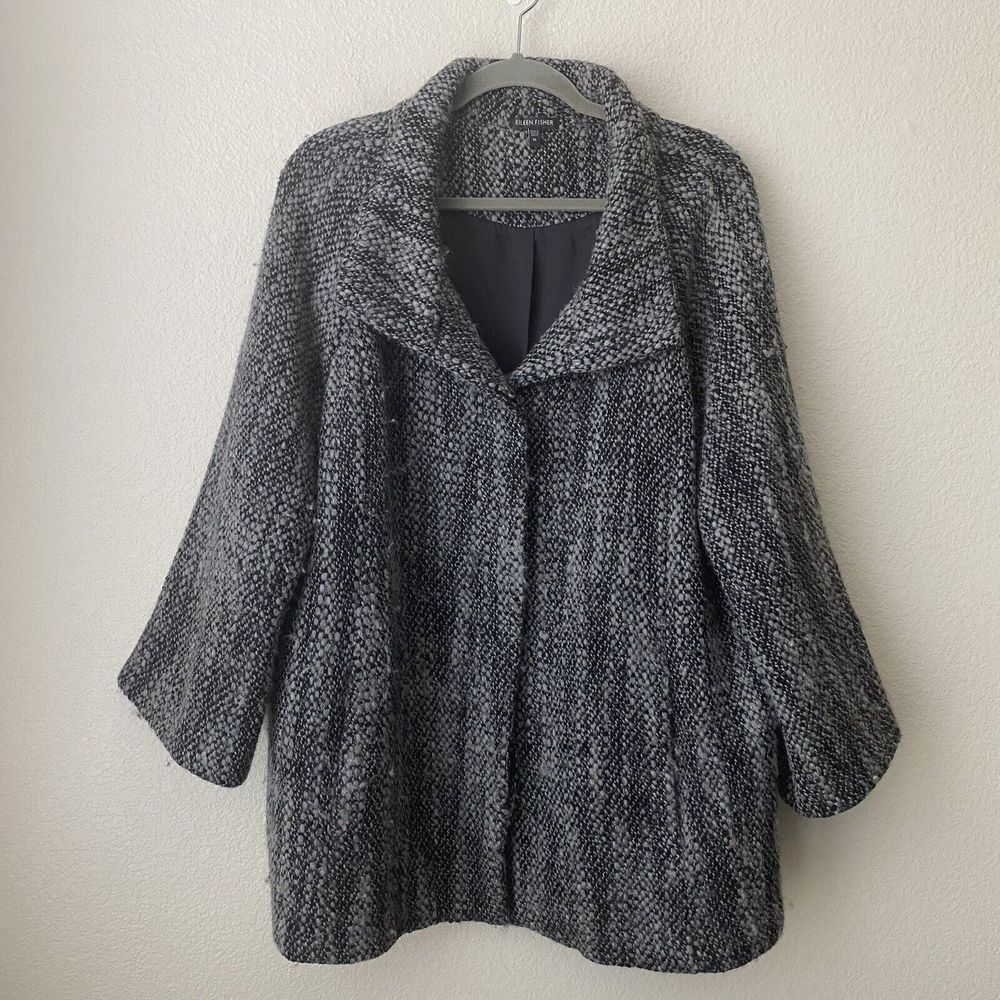 Eileen Fisher Jacket Womens Sz XL Wool Peacoat Tweed Button Front